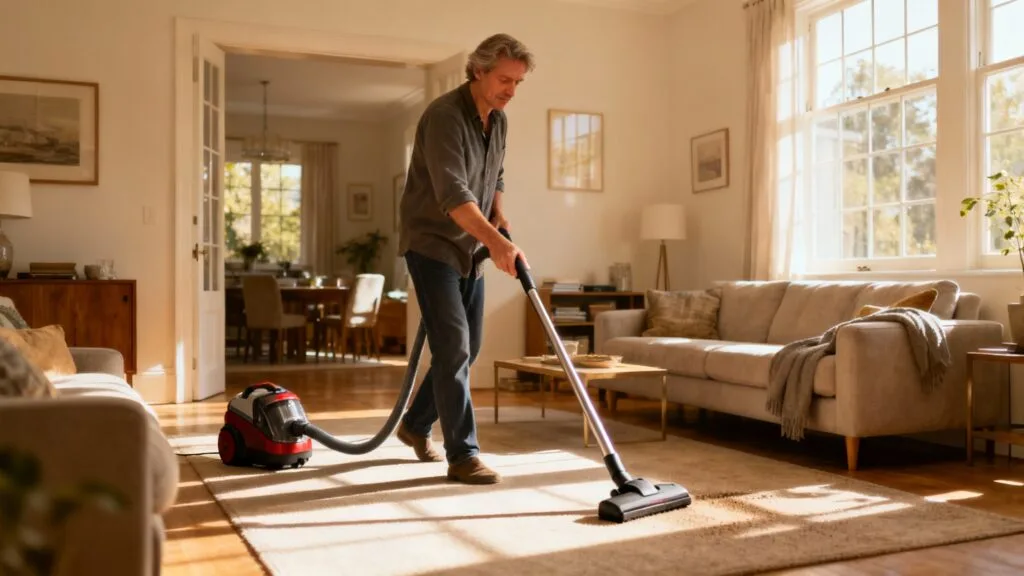 Aide ménagère aspirant un salon lumineux