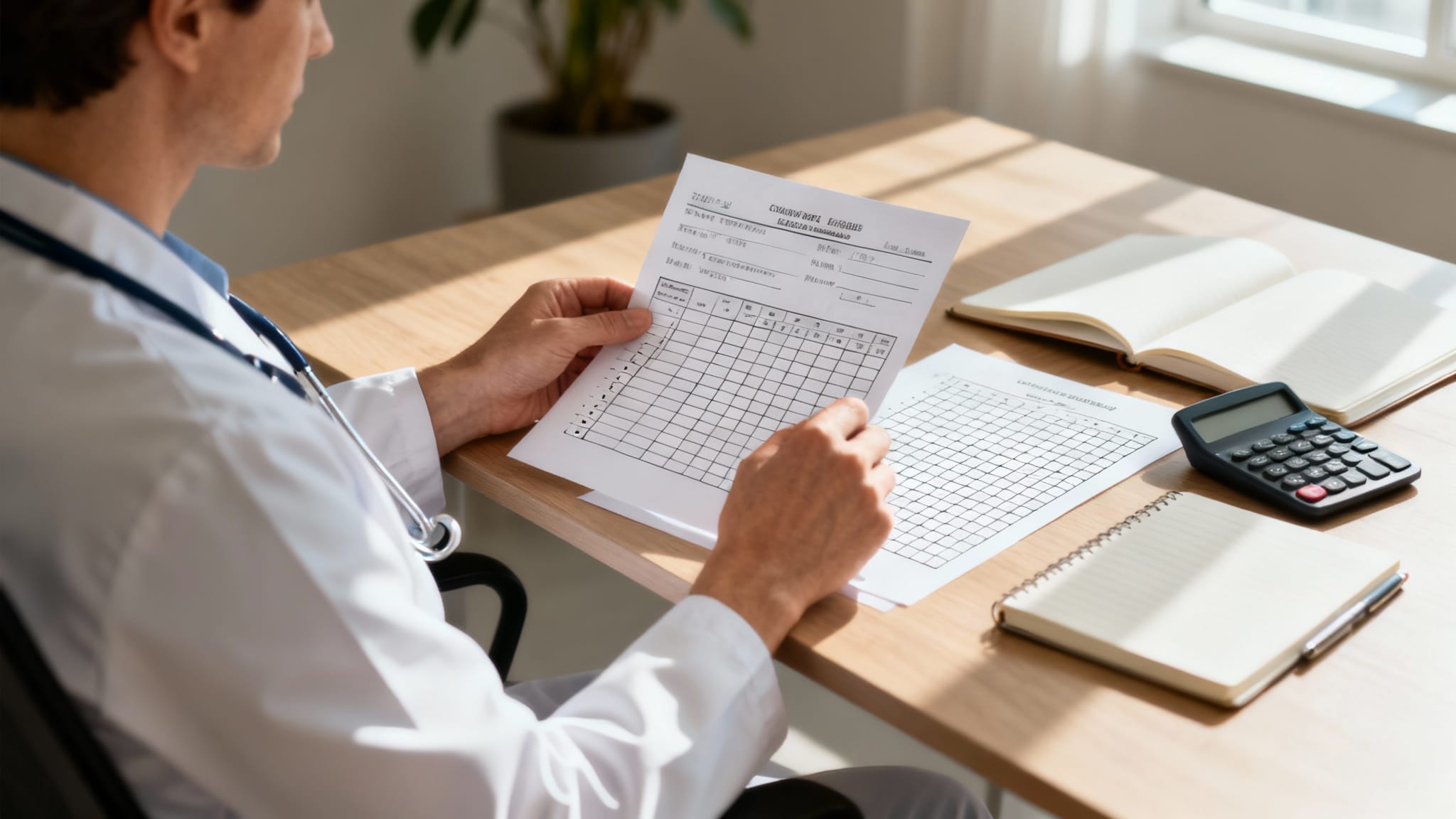 Professionnel calculant son ccn51 salaire avec grille et calculatrice