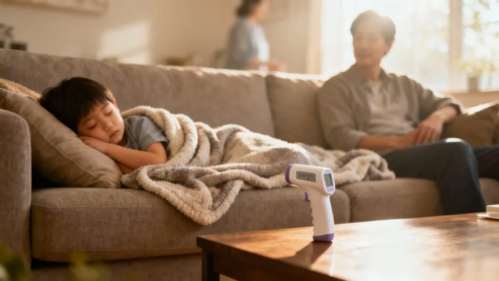 Enfant fiévreux reposant sous une couverture