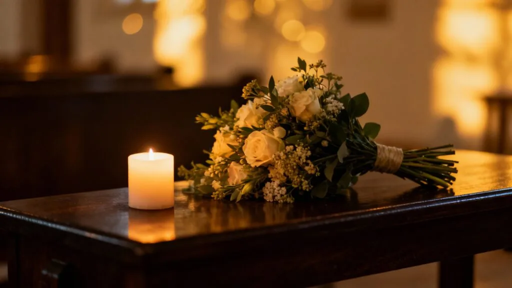 Bouquet sobre et bougie, contexte de funérailles