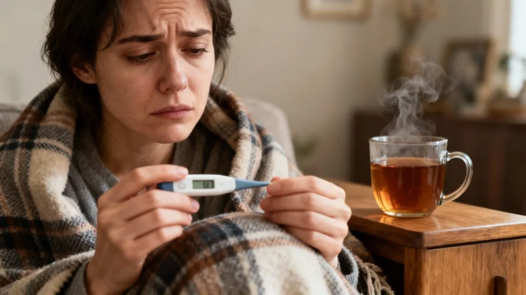 Personne fiévreuse au plaid avec thermomètre, raison d’absence crédible