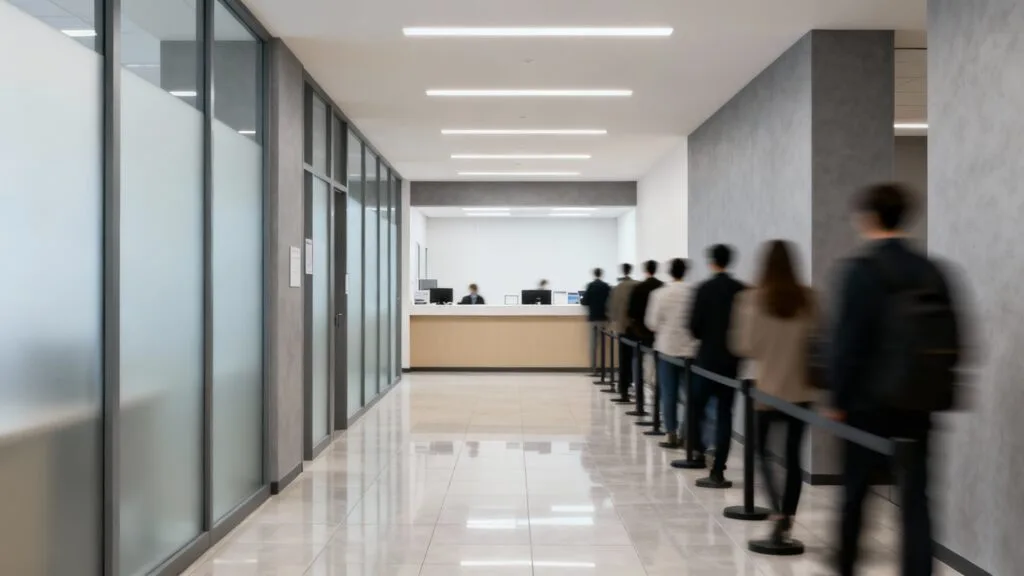 Couloir administratif avec guichet et file d’attente floue