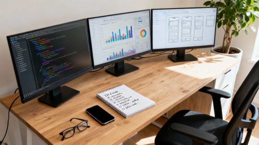 Écran avec code, graphiques data et maquettes design