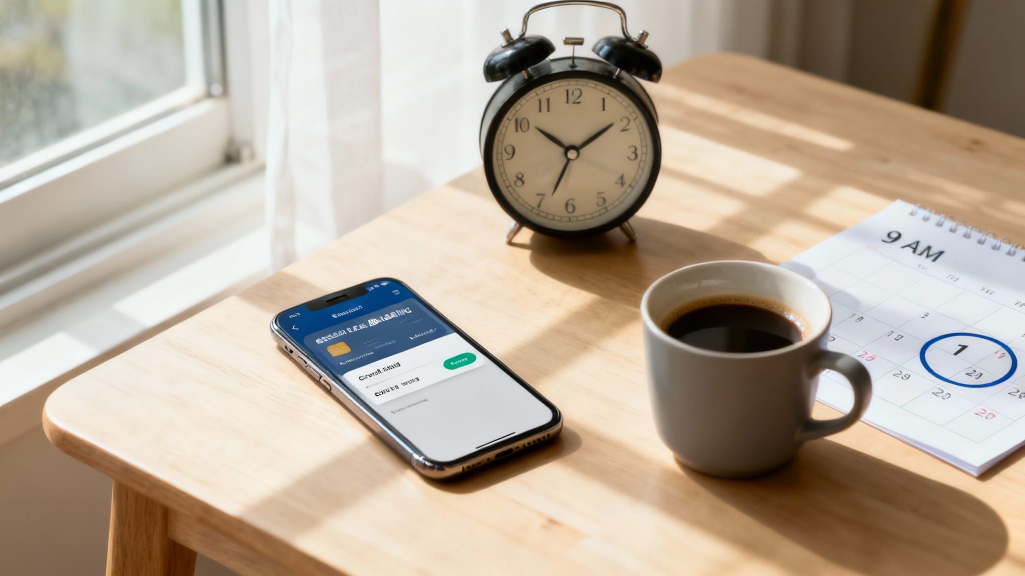 Smartphone et horloge 9 h illustrant l’heure virement pole emploi en matinée