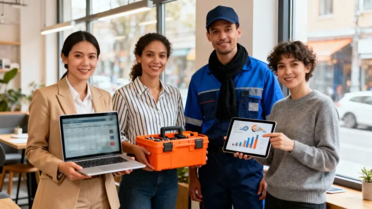 Groupe illustrant des metier en q : qualité, commerce, marine, data