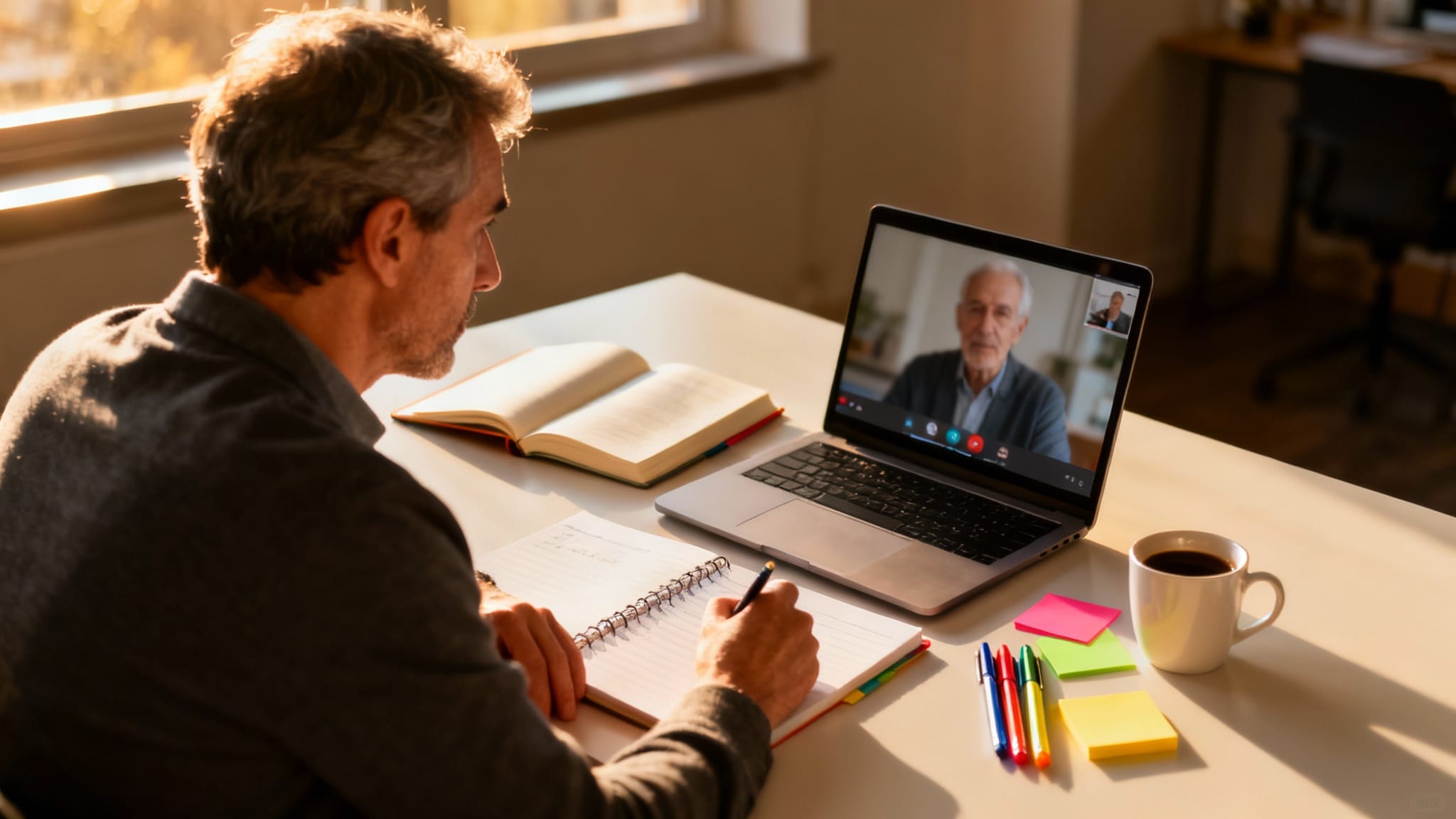 Apprenant en ligne avec mentor vidéo, open class room, carnet et laptop