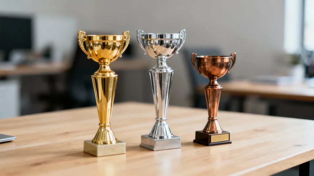 Trio de tête des écoles de journalisme illustré par trois trophées