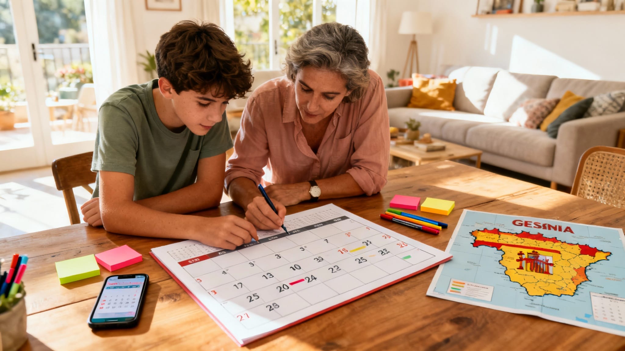 Famille planifiant des vacances scolaire espagnol sur calendrier