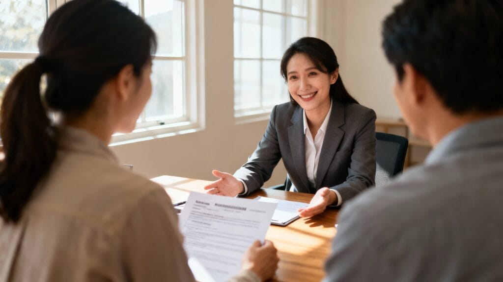 Agent d’assurances conseillant un couple, licence État