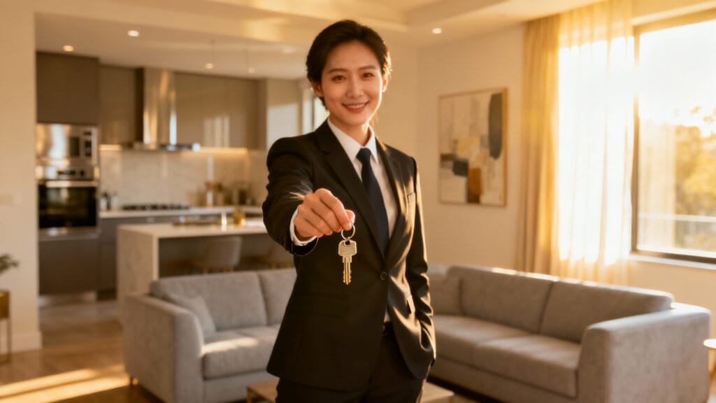 Agent immobilier remettant des clés, real estate license