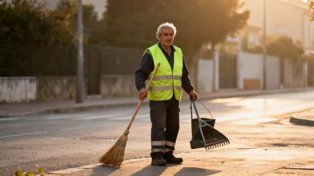Agent de propreté urbaine tôt le matin