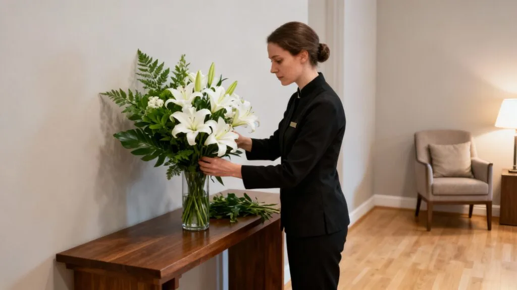Assistant funéraire arrange un bouquet avec discrétion