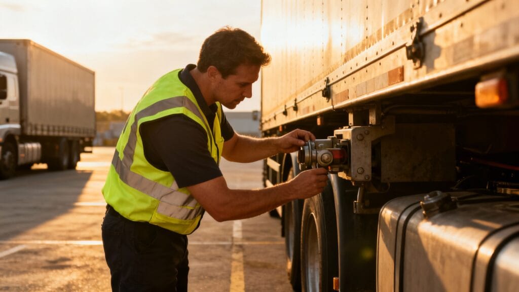 Chauffeur poids lourd CDL‑A inspectant l’attelage