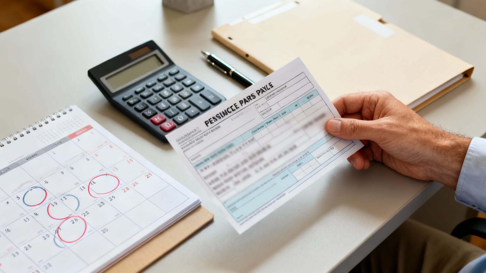 Bulletin de paie et calendrier illustrant comment est-on payé en cas d’accident du travail