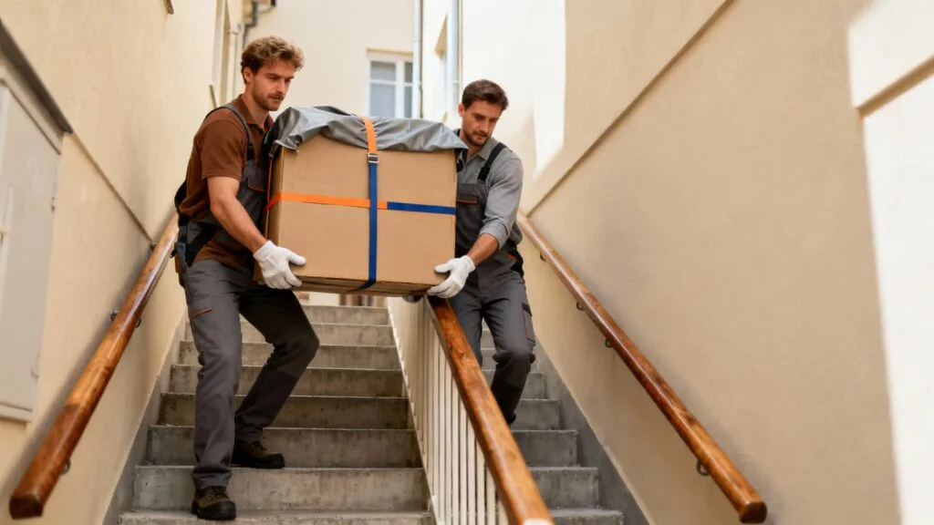 Déménageurs en action dans un escalier