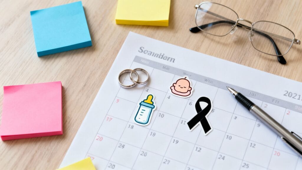 Calendrier illustrant les jours accordés par événement