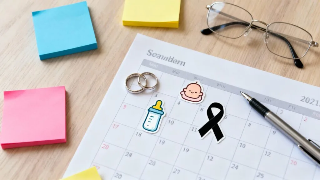 Calendrier illustrant les jours accordés par événement