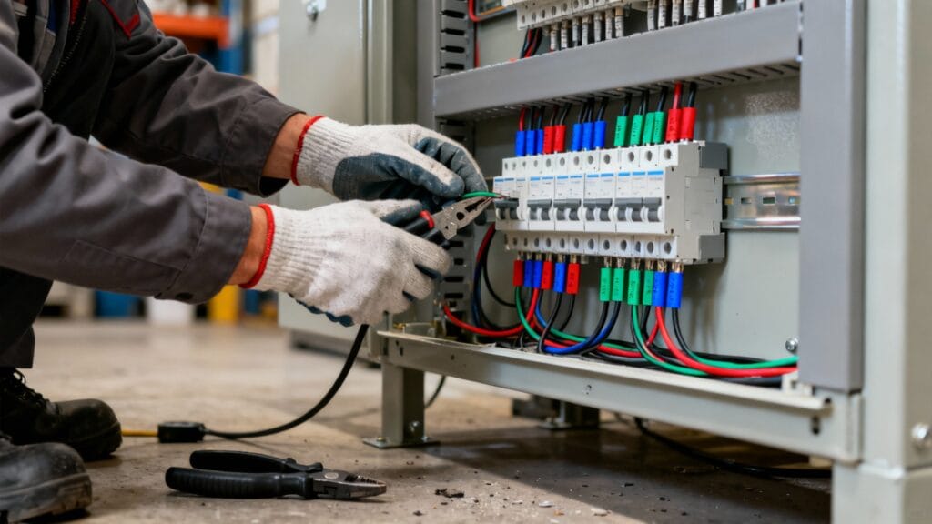 Électricien câblant un tableau, licence d’électricien