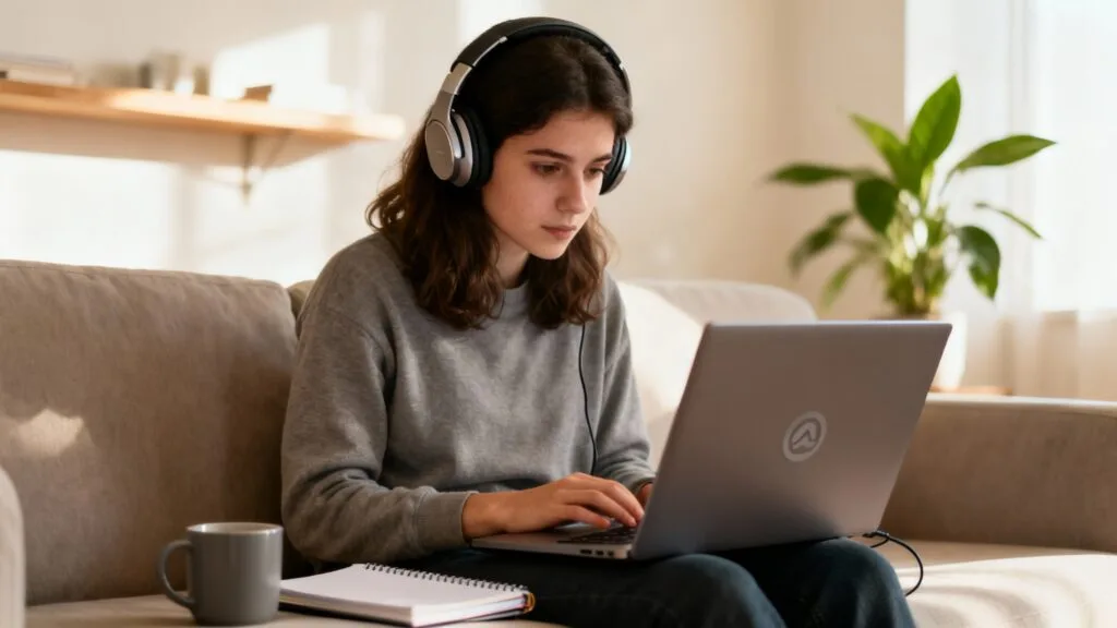 Étudiante en formation à distance ICP concentrée chez elle