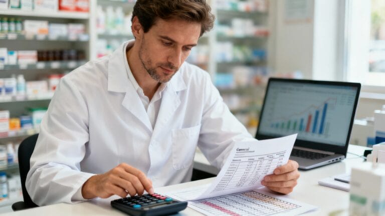 Pharmacien analysant une grille salaire pharmacien avec calculatrice