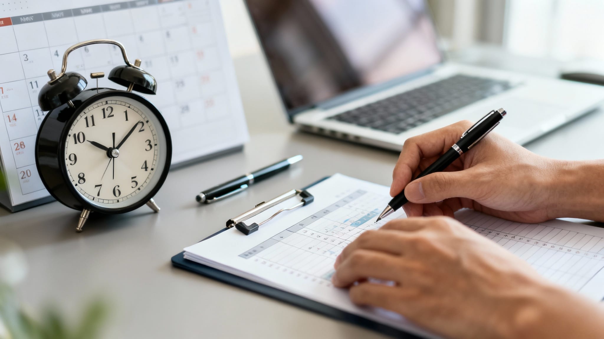 Horloge et planning illustrant l’heure maximum de travail par jour