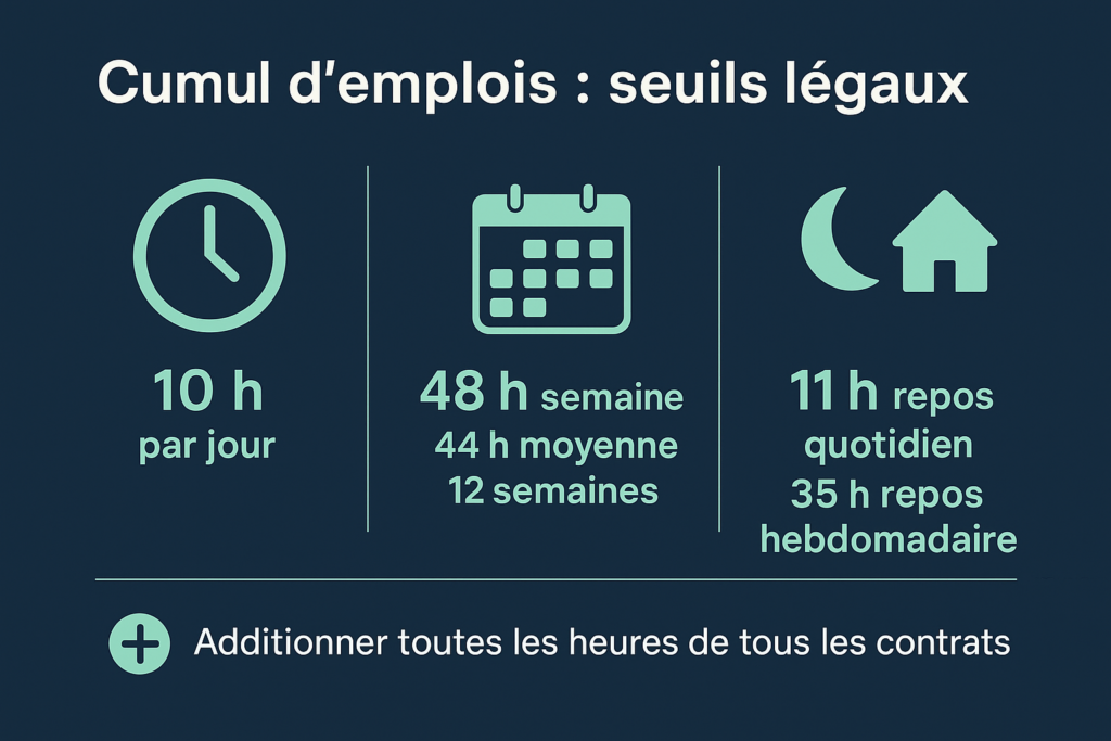 Infographie : 10 h jour, 48 h semaine, 44 h moyenne, repos 11 h et 35 h