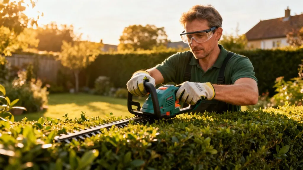 Jardinier taille une haie, métier en extérieur