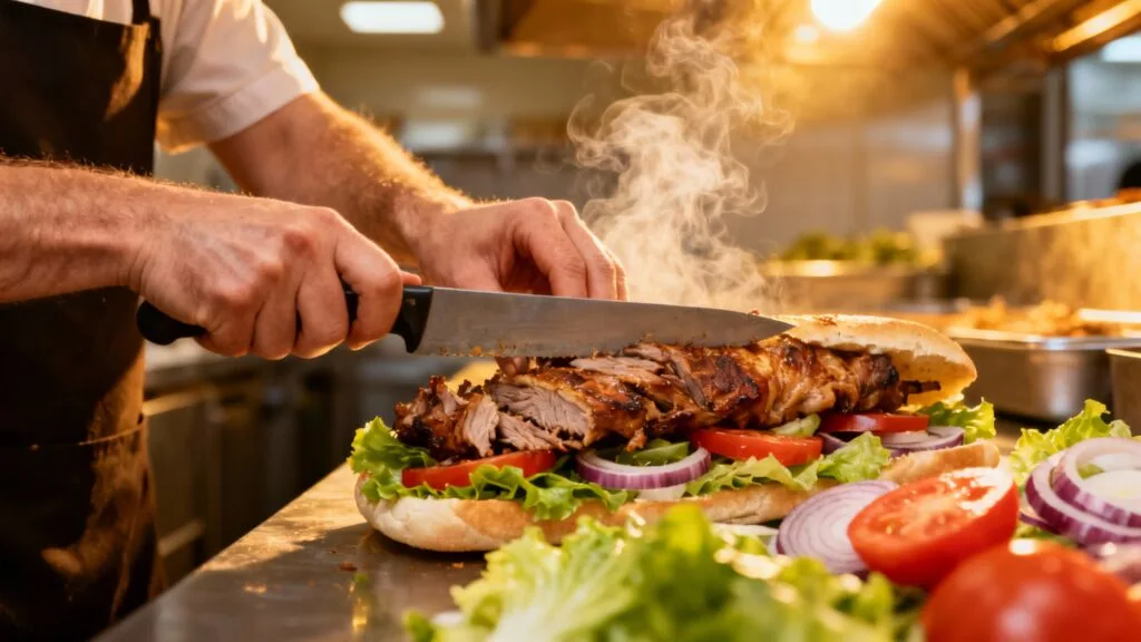 Kebabier préparant un kebab, restauration