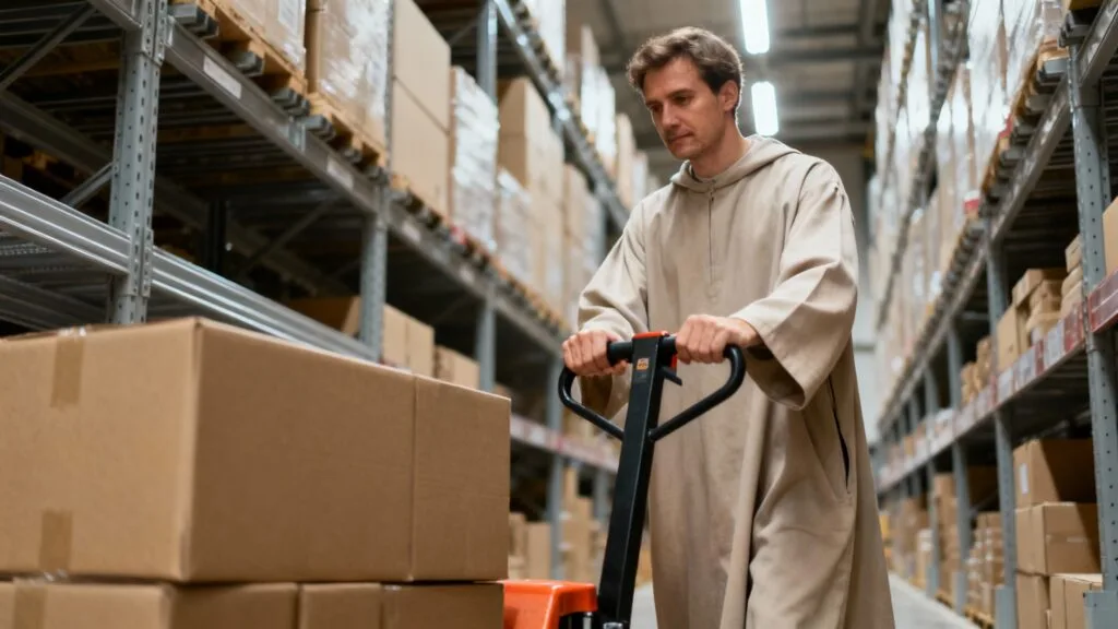 Manutentionnaire déplaçant des cartons en entrepôt
