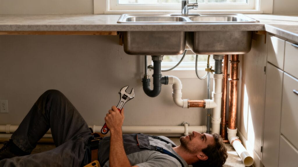Plombier réparant une canalisation domestique