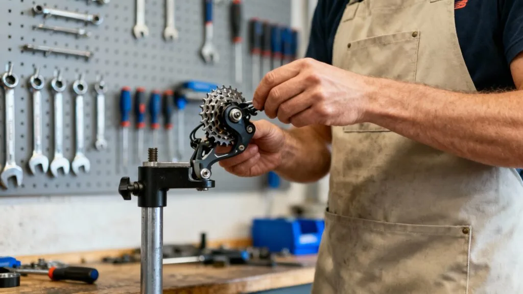 Mécanicien vélo règle un dérailleur en atelier