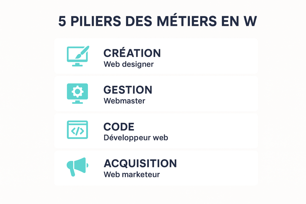 Schéma des 5 piliers : création, gestion, code, acquisition, analyse