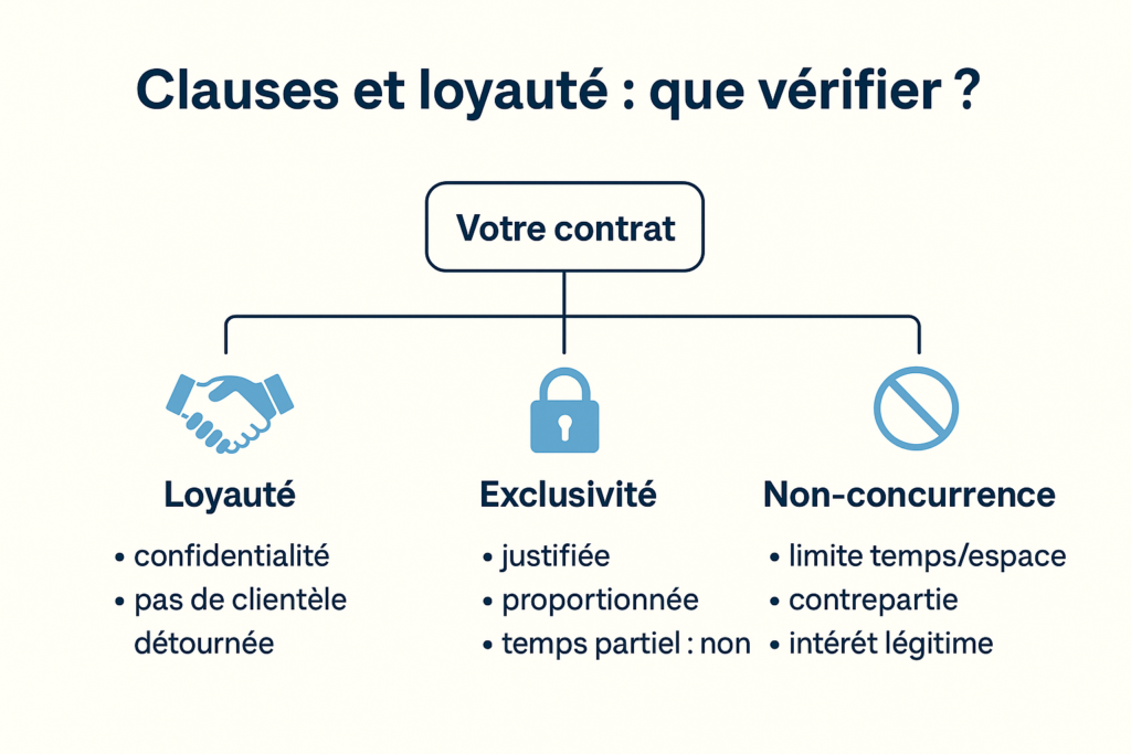 Schéma des clauses : loyauté, clause d’exclusivité, non-concurrence