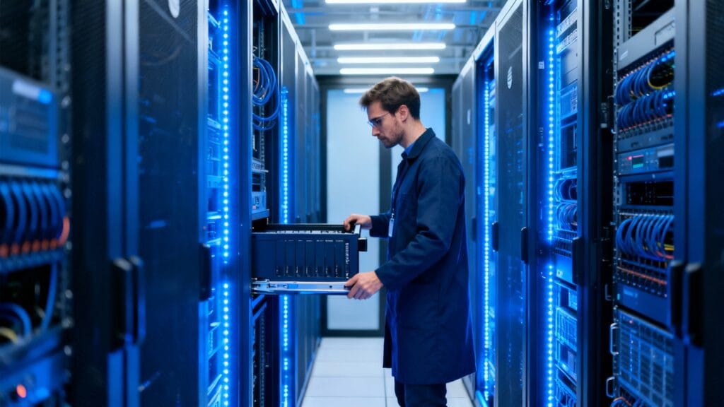 Technicien data center manipulant un serveur