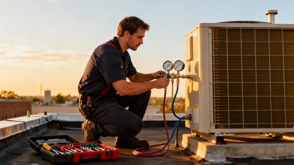 Technicien HVAC testant une unité, certification EPA 608