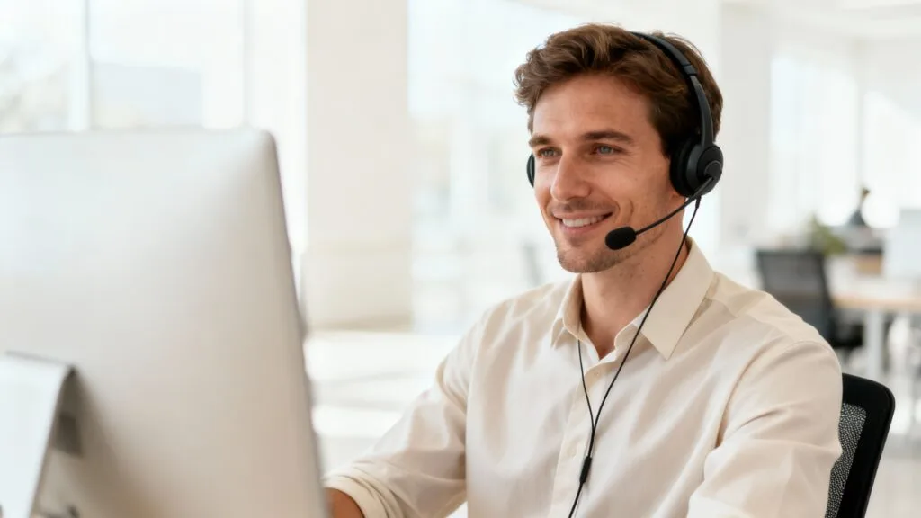 Téléopérateur au casque dans un travail sans diplôme
