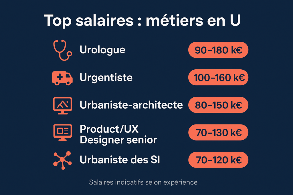 Infographie des métiers en U les mieux payés avec icônes