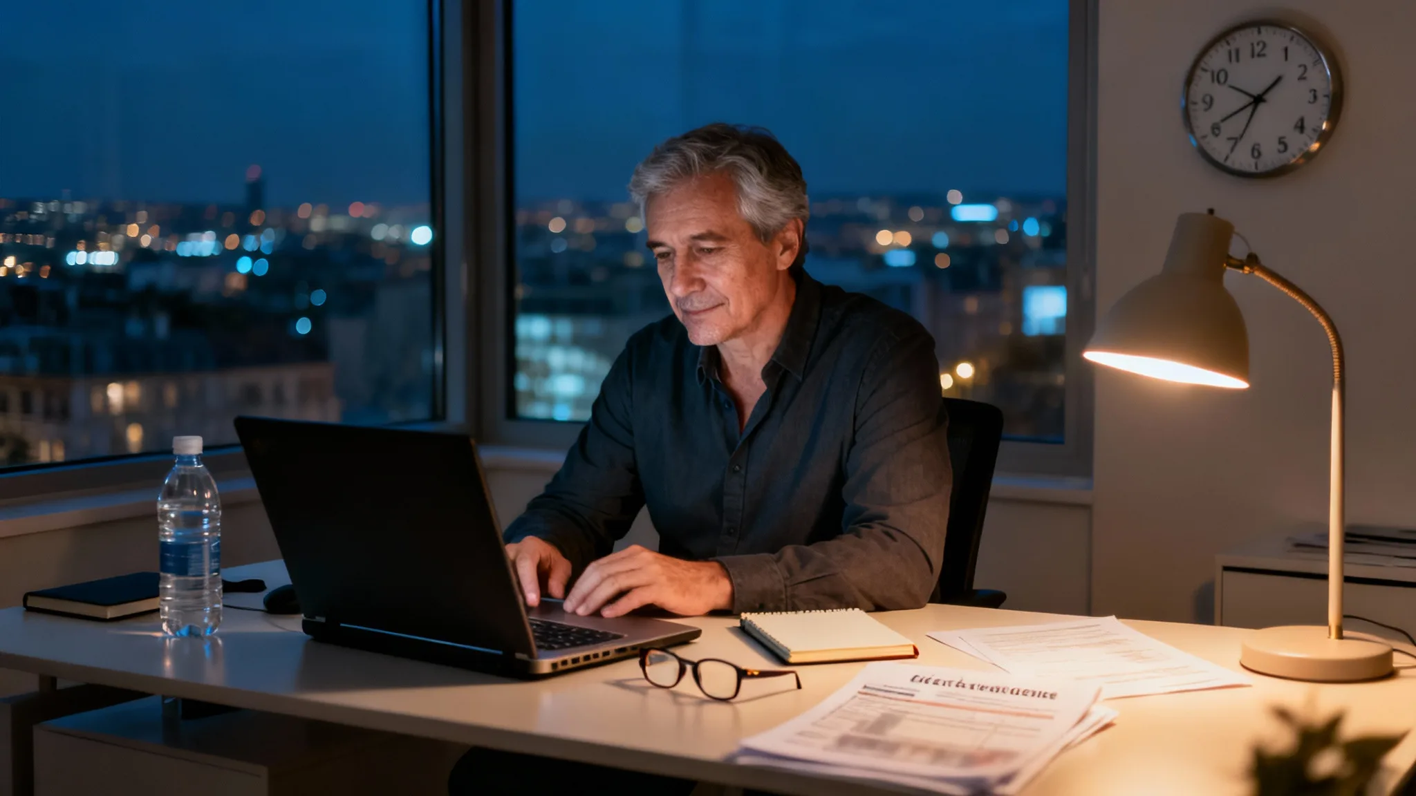 Salarié en travail de nuit après 50 ans, concentré au bureau