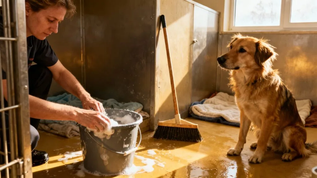 Agent animalier nettoyant un chenil dans un refuge