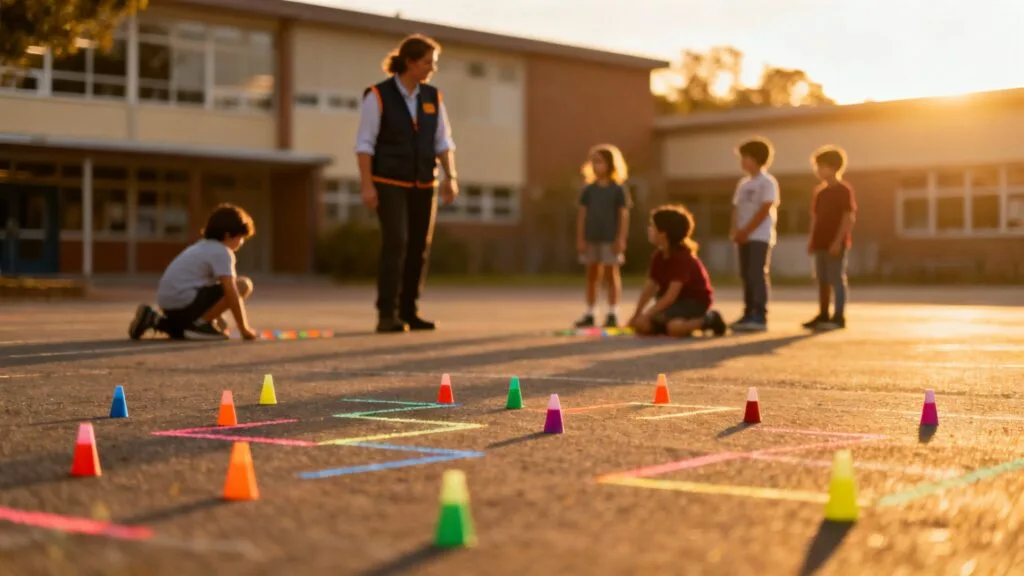 Agent d’animation périscolaire supervise un jeu extérieur