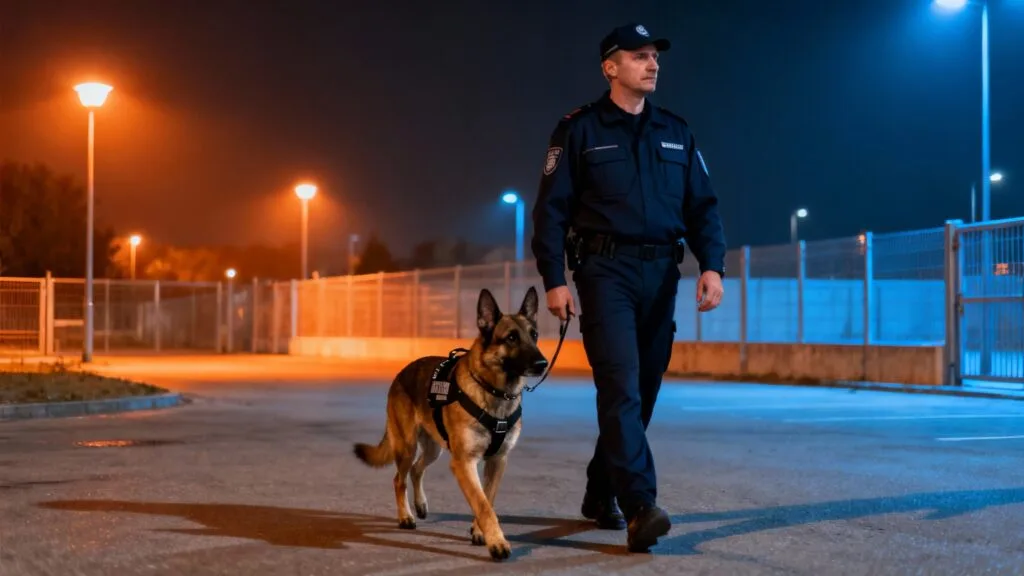 Agent cynophile en patrouille avec son chien équipé d’un harnais