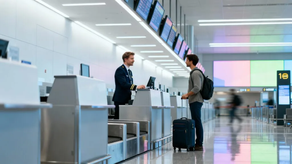 Agent d’escale assistant un passager au check-in