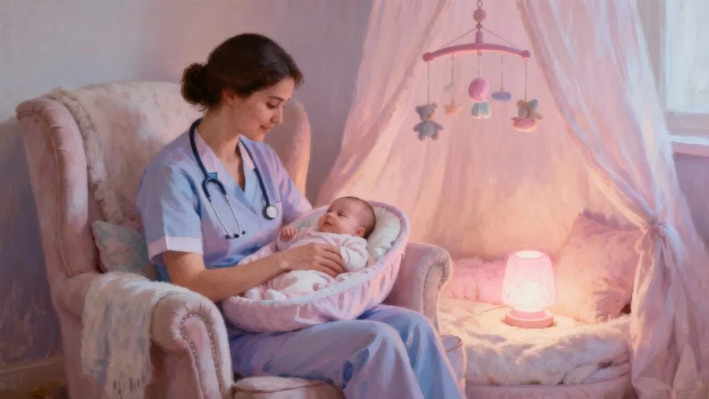 Aide auxiliaire de puériculture réconforte un bébé en crèche