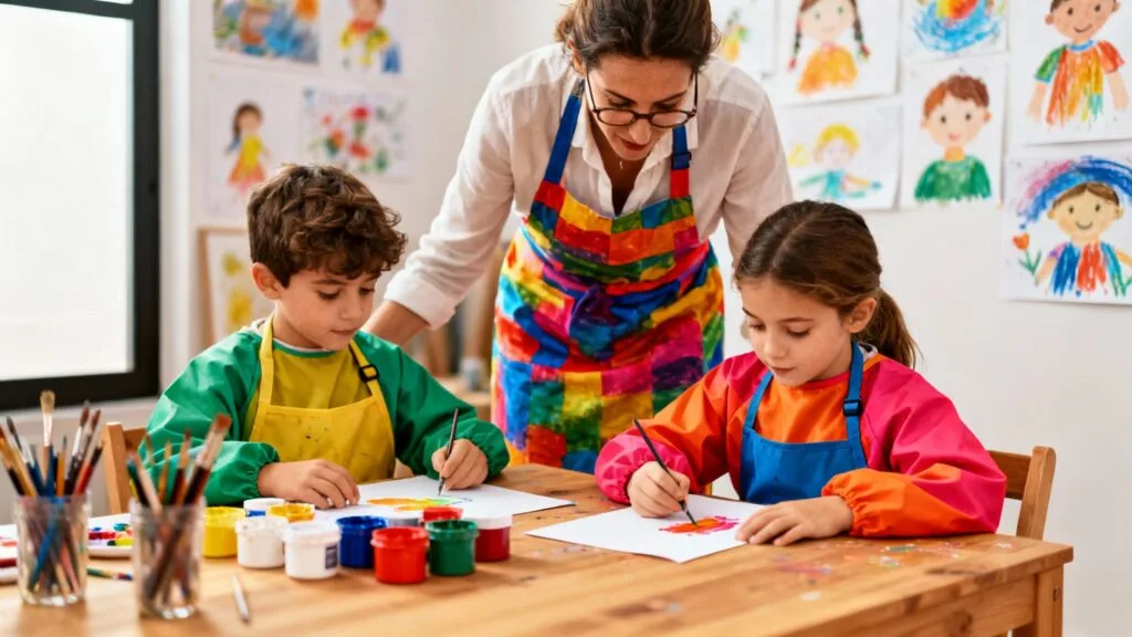 Aide éducateur anime un atelier peinture adapté