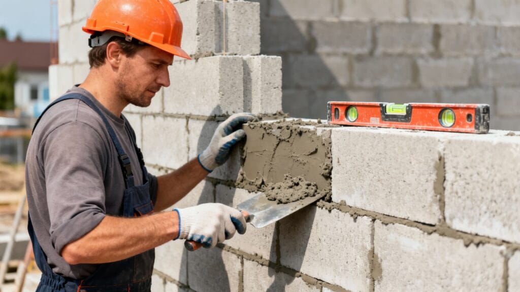 Aide-maçon étalant du mortier sur un chantier