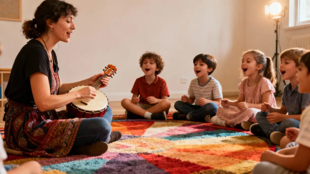 Animatrice petite enfance anime un cercle de chansons