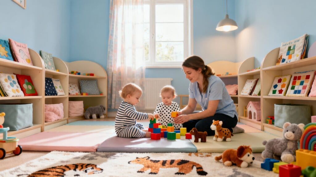 Assistante maternelle jouant avec des enfants à domicile