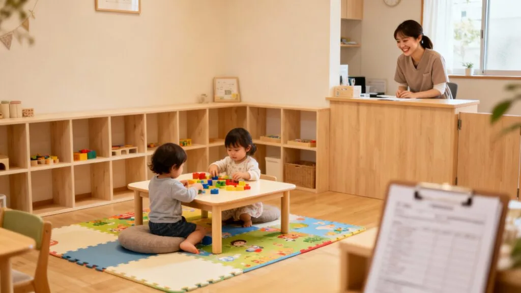 Assistante maternelle accueille deux enfants dans un espace dédié