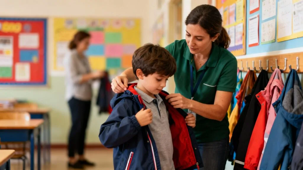 ATSEM accompagne un enfant dans la classe maternelle