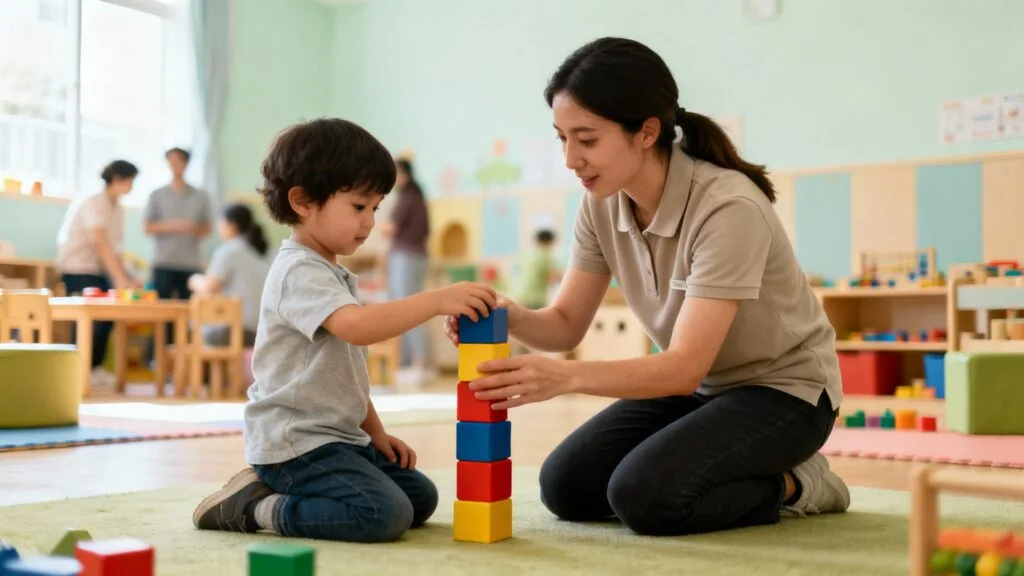 Auxiliaire de crèche en activité d’éveil avec un enfant
